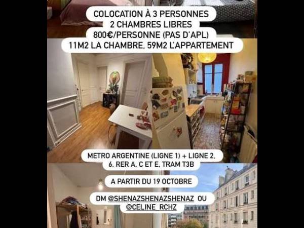 Colocation / Appartement 3 pièces de 60 m², Paris, Rue du Débarcadère / Photo 3