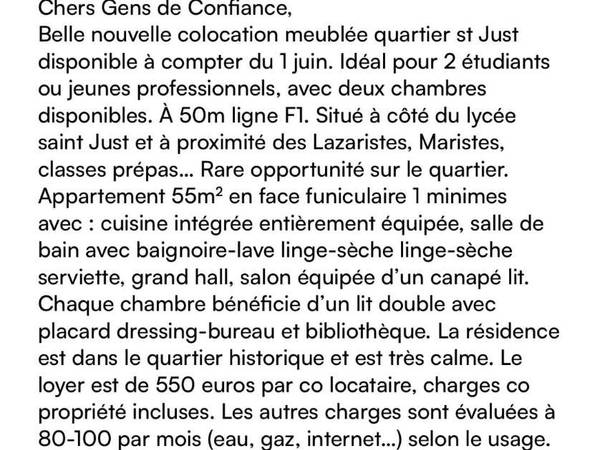 Colocation / Appartement 3 pièces de 55 m², Lyon, Rue des Farges / Photo 2